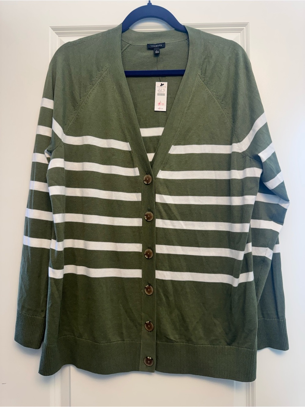Talbots Olive & White Striped Cotton Button-Front Cardigan